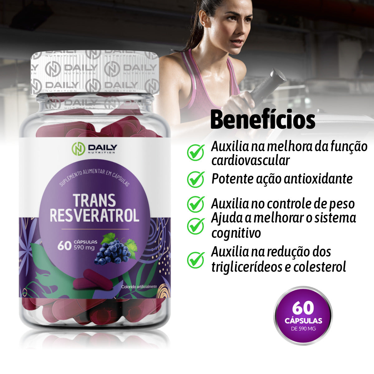 Suplemento Trans Resveratrol 590mg 60 Cápsulas Daily Nutrition