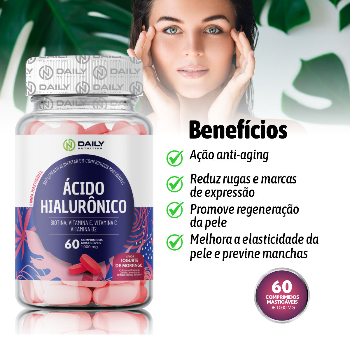 3x Suplementos Ácido Hialurônico 1000mg 60 Comprimidos Daily Nutrition