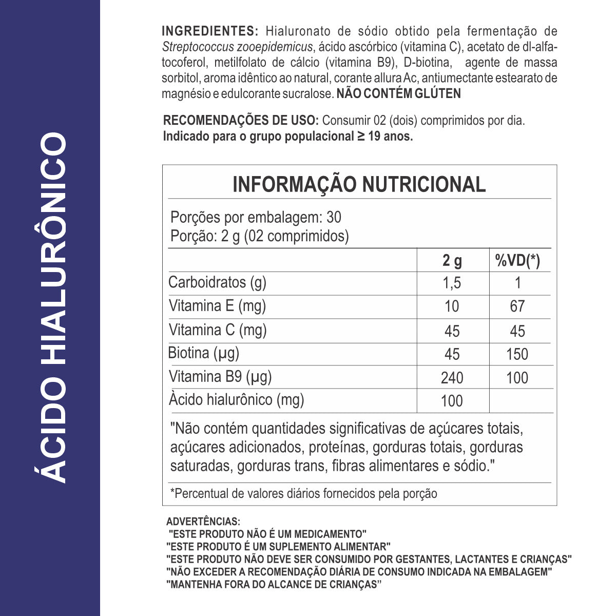 Suplemento Ácido Hialurônico 1000mg 60 Comprimidos Daily Nutrition