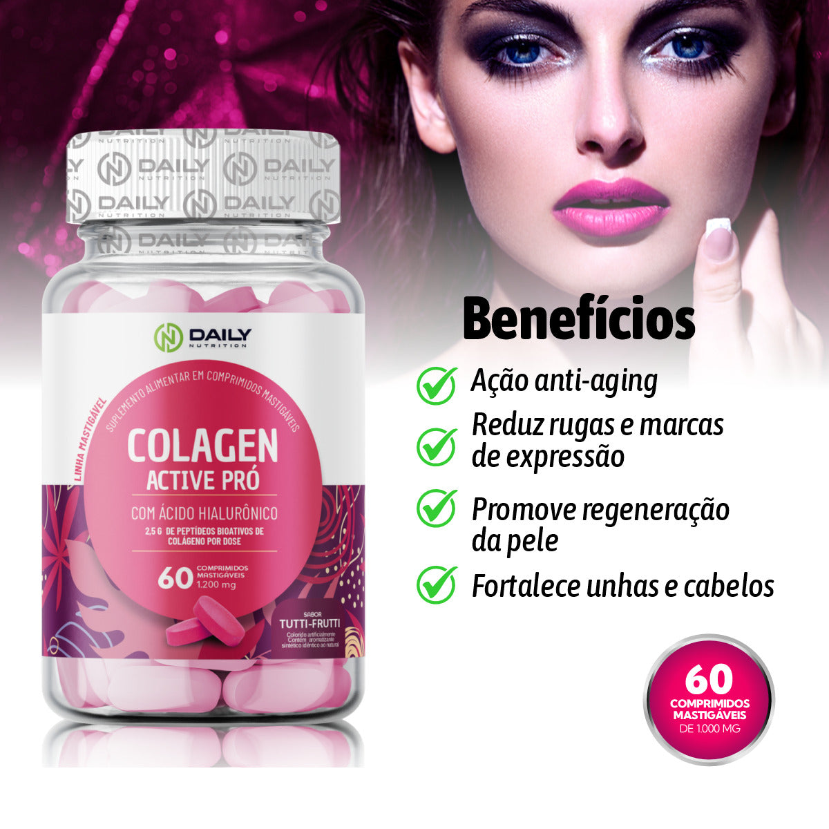 3x Suplementos Colageno c/ Ácido Hialurônico 1200mg 60 Comprimidos Daily Nutrition