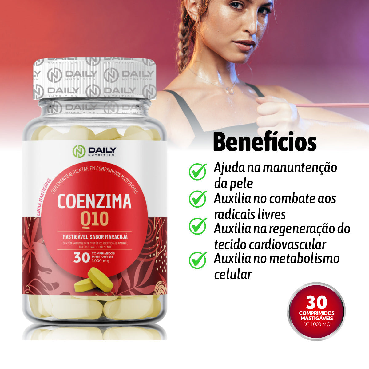 5x Suplementos Coenzima Q10 Mastigável 1000mg 30 Comprimidos Daily Nutrition