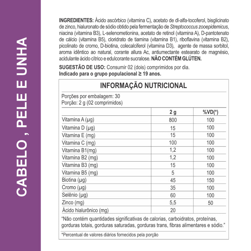 Cabelo, Pele e Unha Mastigável | Vitaminas com Zinco, Biotina e Ácido Hialurônico - Sabor Framboesa